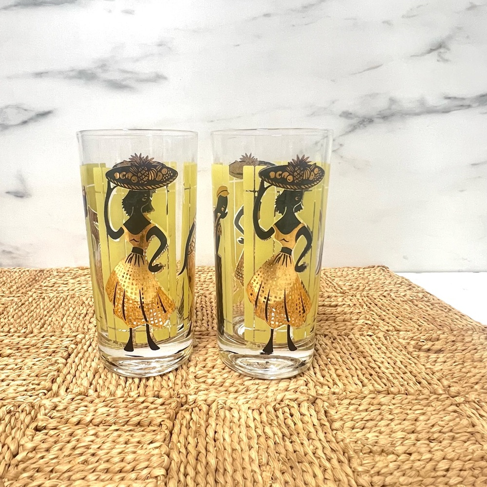 Vintage lotus glasses yellow black gold barware man woman mid century retro